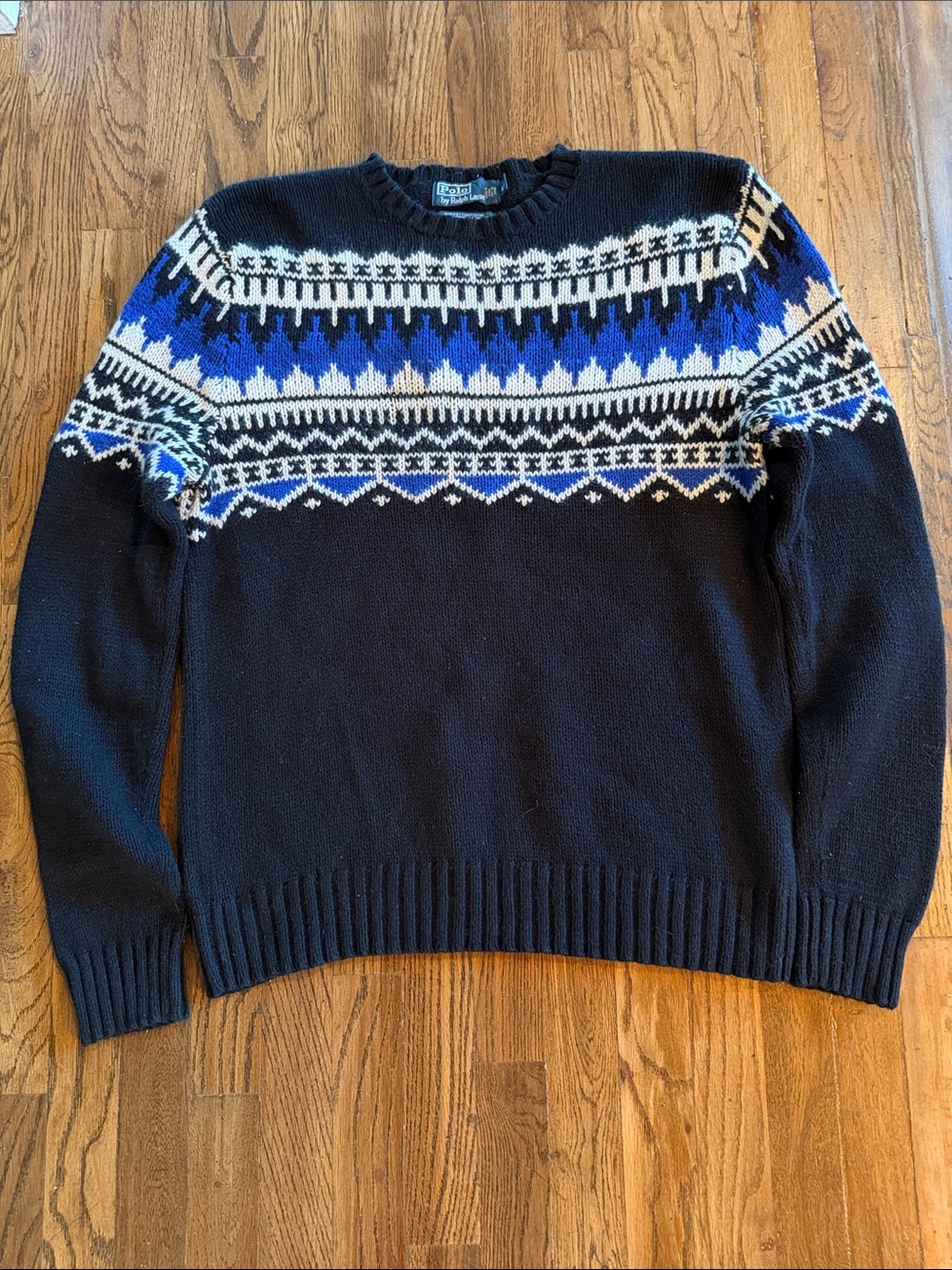 Polo by Ralph Lauren Cashmere Angora Rabbit Black Sweater w Blue/White Fair Isle